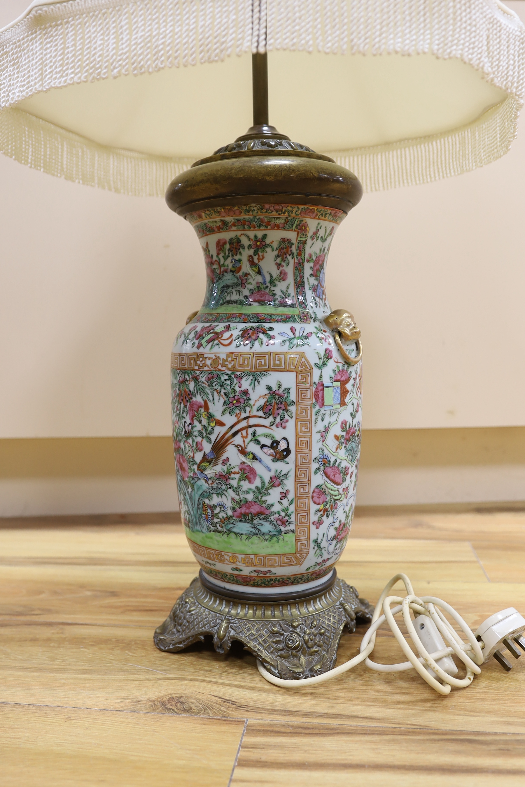 A brass mounted Chinese Canton famille rose porcelain table lamp, 81cm high